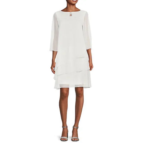 MARINA Dresses & Skirts - Marina 3/4 Sleeve Tiered Ruffle Shift Dress in Ivory Size 6